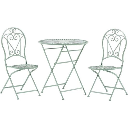 Balcony Garden Set Round Table 2 Folding Chairs Decorative Metal Green Trento