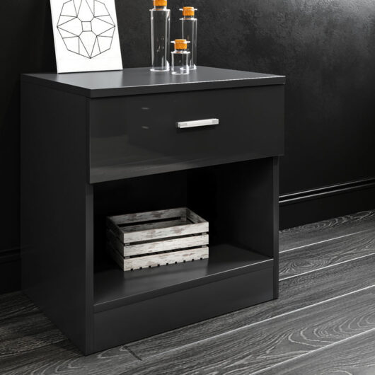 Black Soft Close Bedside Cabinet High Gloss Nightstand Table Bedside Table with Drawer for Bedroom,Home Storage Organizer - Elegant