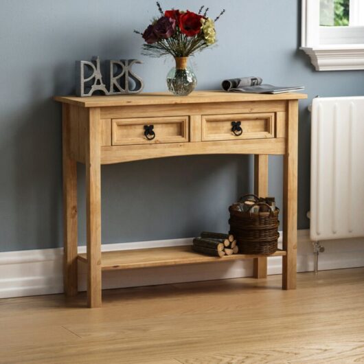 Corona 2 Drawer Console Table With Shelf Solid Pine Side End Hallway Table
