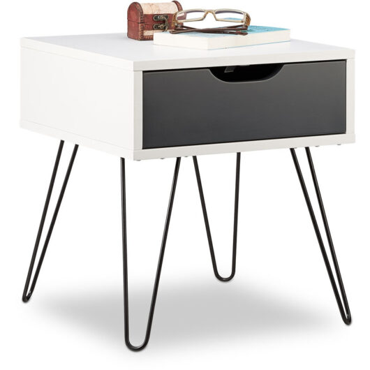 Grey-White Nightstand with Drawer, Modern Design, Square Tier, HxWxD: 44 x 40 x 40 cm - Relaxdays