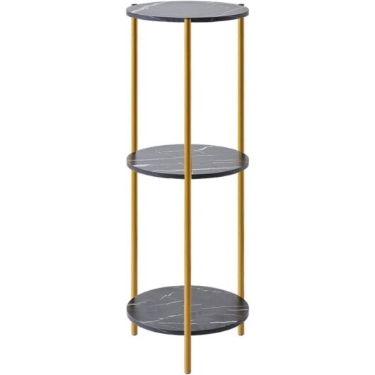 Niceme - Tall Table with 3 Tiers, Round End Table Sofa Side Table, 90cm Plant Stand Indoor Plant Holder, with Black Marble Texture (Black) - Black
