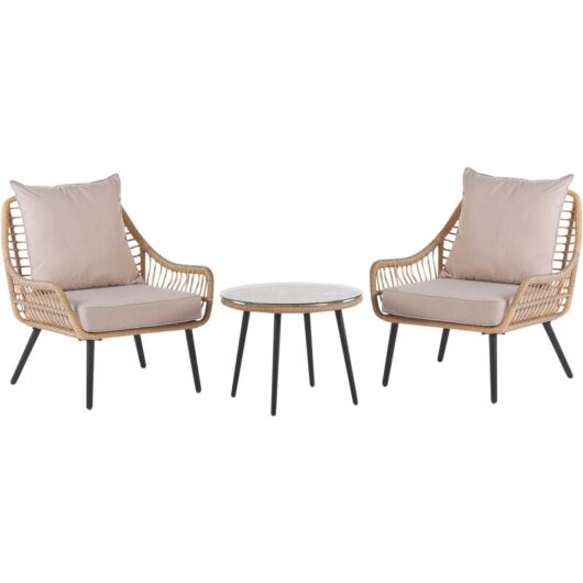 Bistro Set Beige Boho Rattan Metal Legs Coffee Table and 2 Chairs Laureto