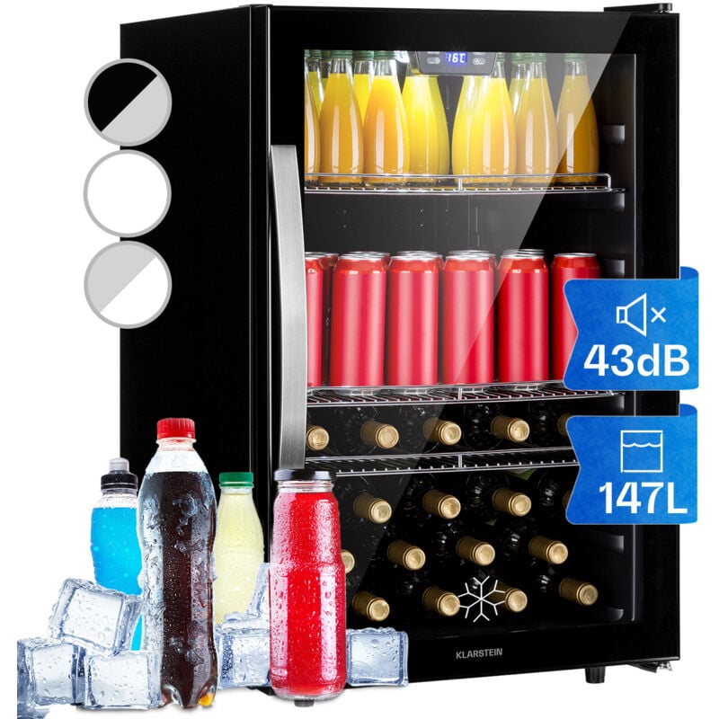Klarstein Beer Fridge, Glass Mini Fridge for Bedrooms, Food, & Drinks, Small Fridge Wine Cooler, Glass Door Drinks Fridge, 147L Table Top Fridge w/