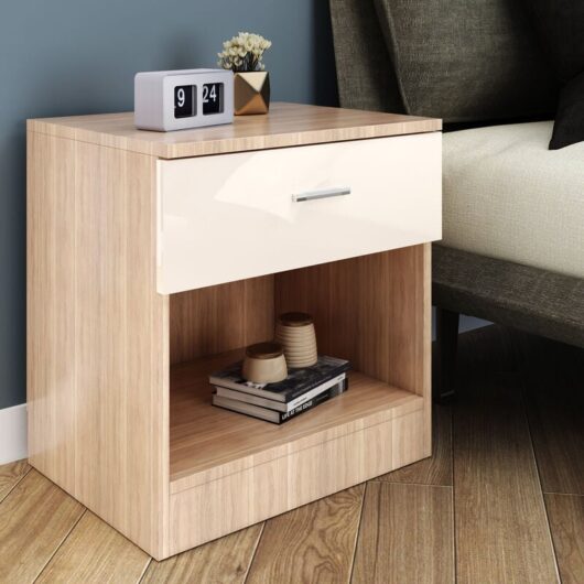 Cream/Oak Modern High Gloss Bedside Cabinet Stand Storage Shelf with Bin Drawer for Bedroom, Livingroom and Home Storage Organizer - Elegant