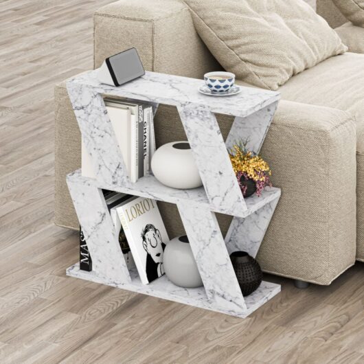 Decortie - Lazena Modern Side End Coffee Table Multipurpose h 55.4cm 3 Tier - White Marble Effect - Carrara