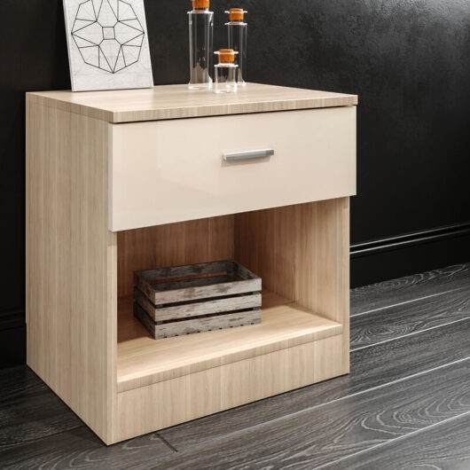 ELEGANT Cream/Oak Soft Close Bedside Cabinet High Gloss Bedroom Furniture Set with Drawer for Bedroom, Home Storage Organizer