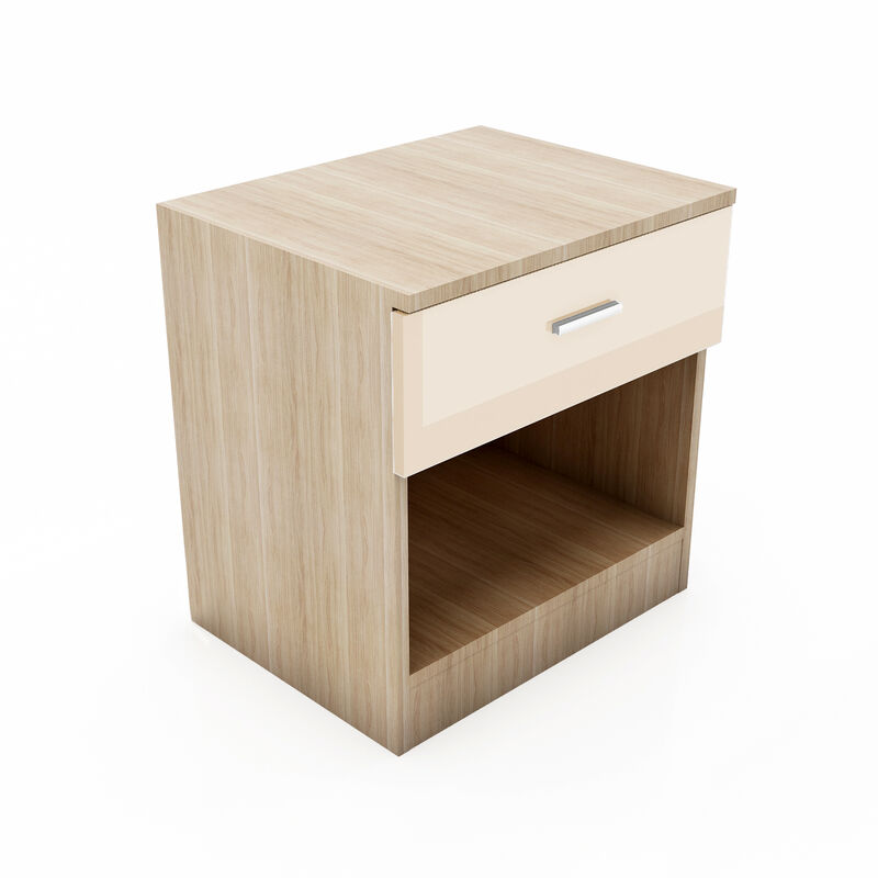 High Gloss Bedside Cabinet stand Storage Shelf with Hanging Rail and Full-length Mirror High Gloss Bedroom Furniture Set, Cream/Oak - Elegant
