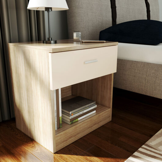 Nightstand Modern High Gloss Bedside Cabinet Storage Shelf with Bin Drawer, for Bedroom or Home Storage Organizer, Cream/Oak - Elegant