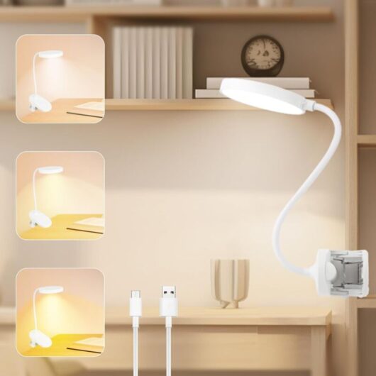 20 LED clamp lamp, rechargeable desk lamp, flexible bedside lamp, reading light with 3 lighting modes and adjustable brightness, for the office,