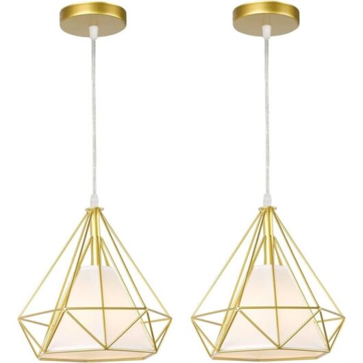 Industrial Pendant Light Fitting Geometric Cage E27 Metal Chandelier for Bedroom Living Room Dining Room 2 Pack Gold