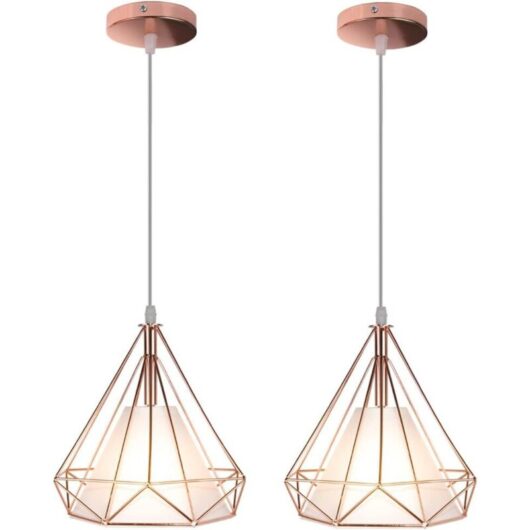 Industrial Pendant Light Fitting Geometric Cage E27 Metal Chandelier for Bedroom Living Room Dining Room 2 Pack Rose Gold