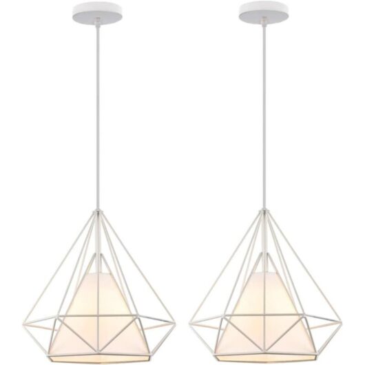 Industrial Pendant Light Fitting Geometric Cage E27 Metal Chandelier for Bedroom Living Room Dining Room 2 Pack White