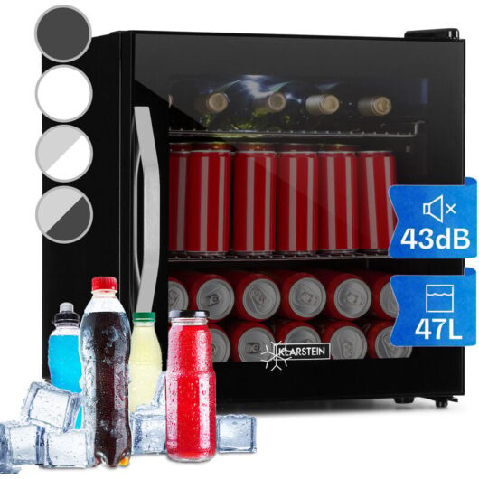 Klarstein Beer Fridge, Glass Mini Fridge for Bedrooms, Food, & Drinks, Small Fridge Wine Cooler, Glass Door Drinks Fridge, 47L Table Top Fridge w/
