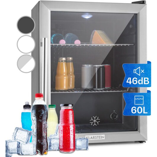 Klarstein Beer Fridge, Glass Mini Fridge for Bedrooms, Food, & Drinks, Small Fridge Wine Cooler, Glass Door Drinks Fridge, 60L Table Top Fridge w/