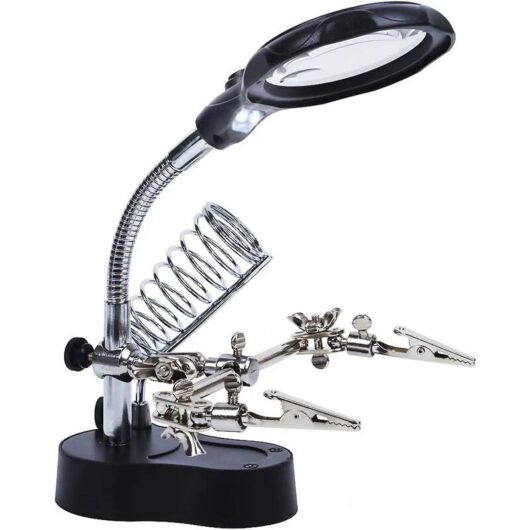 Third Hand 3.5 x 12 x Table Magnifier Stand 2 LEDs Standing Magnifying Glass for Electronics Engineer Cosmetology Medical Watchmaker Watch Repair