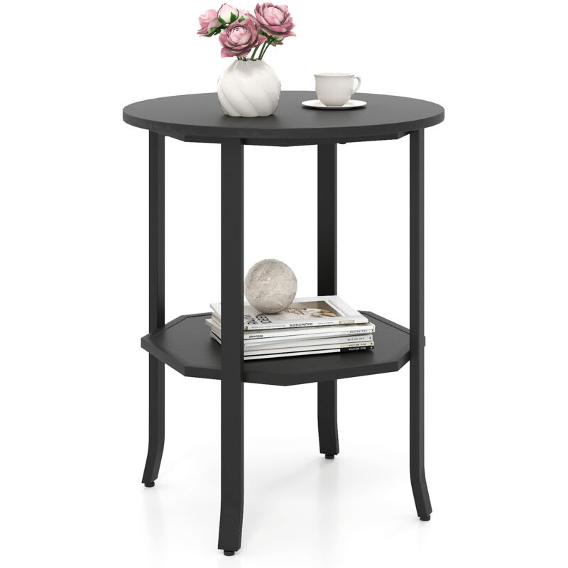 COSTWAY Round Side Table 2-Tier End Table with Storage Shelf-Black
