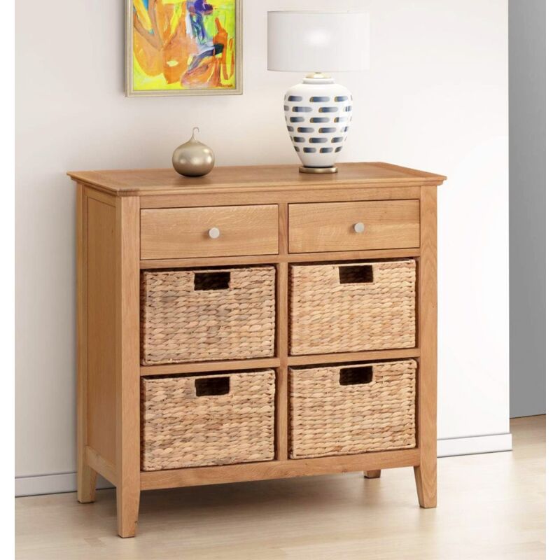 Hereford Oak Storage Sideboard, Wooden Cabinet with 2 Storage Drawers and 4 Wicker Basket, Shoe Storage, Console Table for Living Room and Hallway