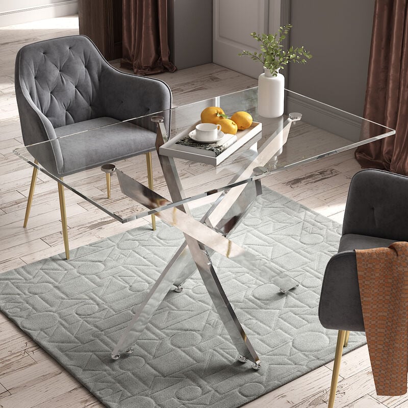 Livingandhome - 120x70cm Square Glass Dining Table with Silver Chrome Legs