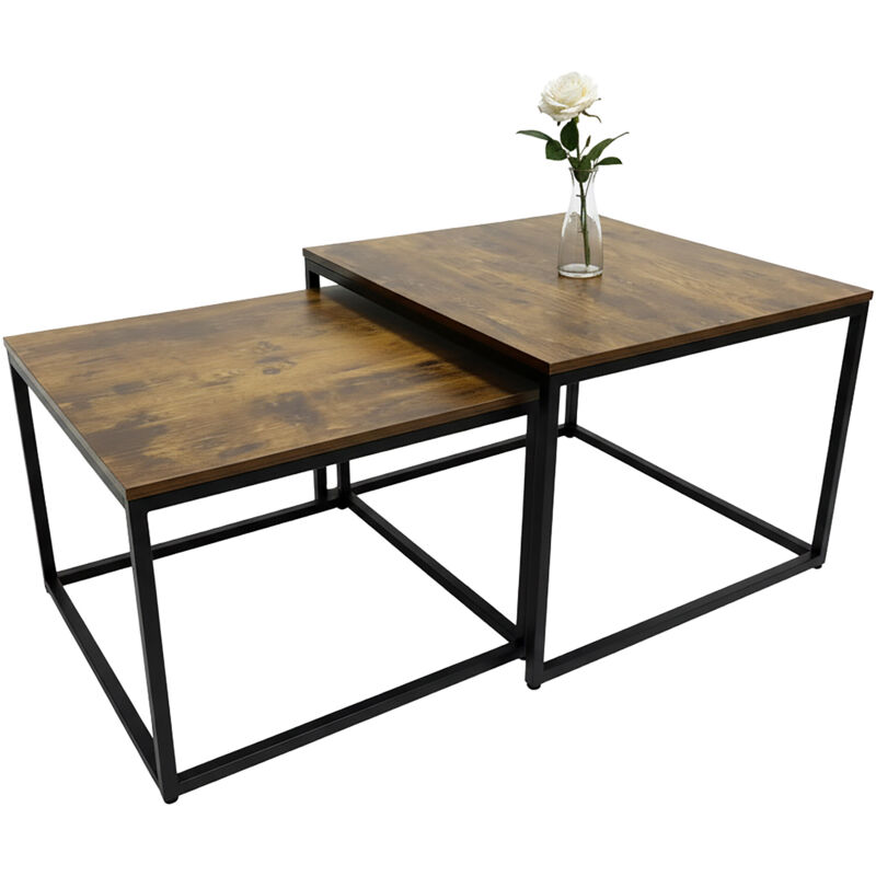 Relaxdays 2-piece Nesting Side Tables, Industrial, 65 & 75 cm, Wood-effect Top & Metal, Brown/Black