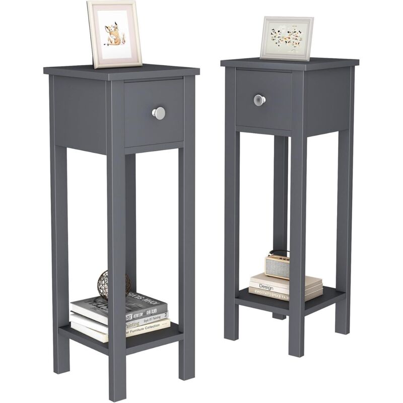 Slim Solid Wooden Bedside Table, Set of 2 Small Narrow Side End Tables, Modern Narrow Bedroom Nightstand with Open Shelf and Drawer for Bedroom,