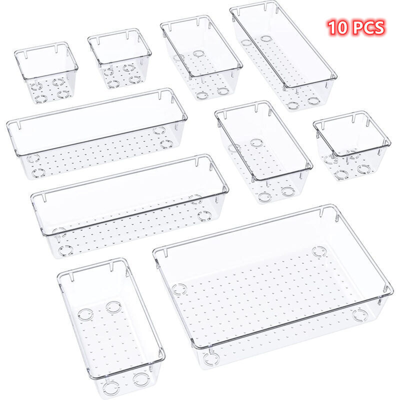 10-Piece Desk Drawer Organizer Set in 3 Sizes, Plastic Makeup Drawer Storage for Stationery, Jewelry, and More, for Office, Bathroom, and Dressing