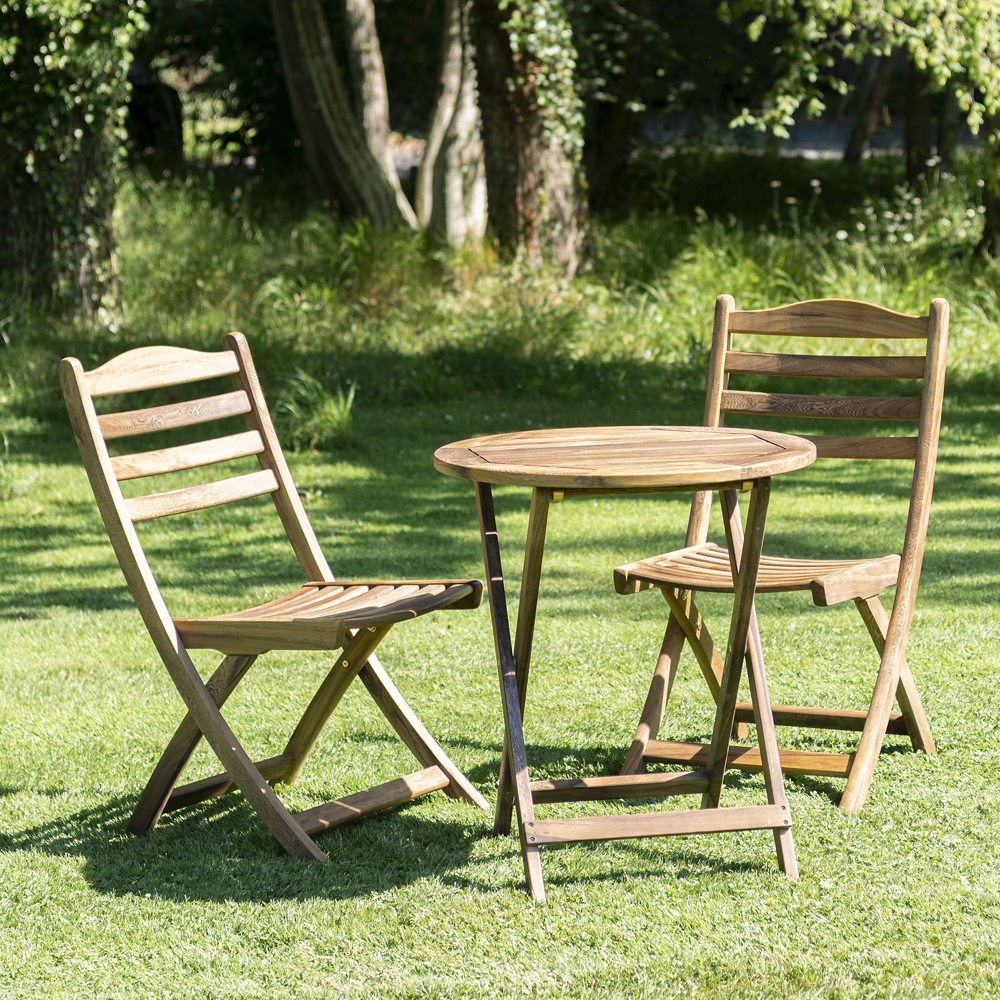 Atwater Wooden Garden Folding Tea Table With 2 Chairs In Natural