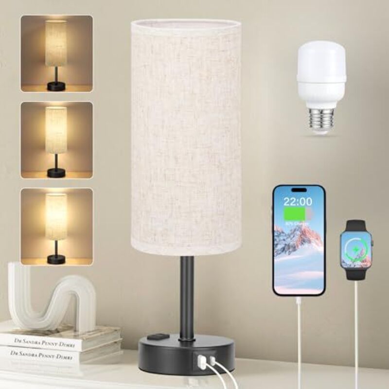 Bedside lamp touch dimmable, table lamp with usb a+c+ socket charging function, linen lampshade, lamp for bedside table, living room, bedroom,