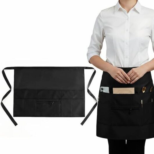 CCYKXA Unisex Short Kitchen Apron, Black Waiter Aprons with 8 Pockets, Half Apron for Men and Women in Cafes, Bakeries, Restaurants, Bars, Kitchens,