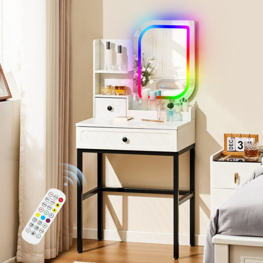 CLIPOP RGB Dressing Table with LED Light Mirror Bedroom Vanity Table with 2 Drawers and Open Shelves Makeup Desk Dresser for Girls Women