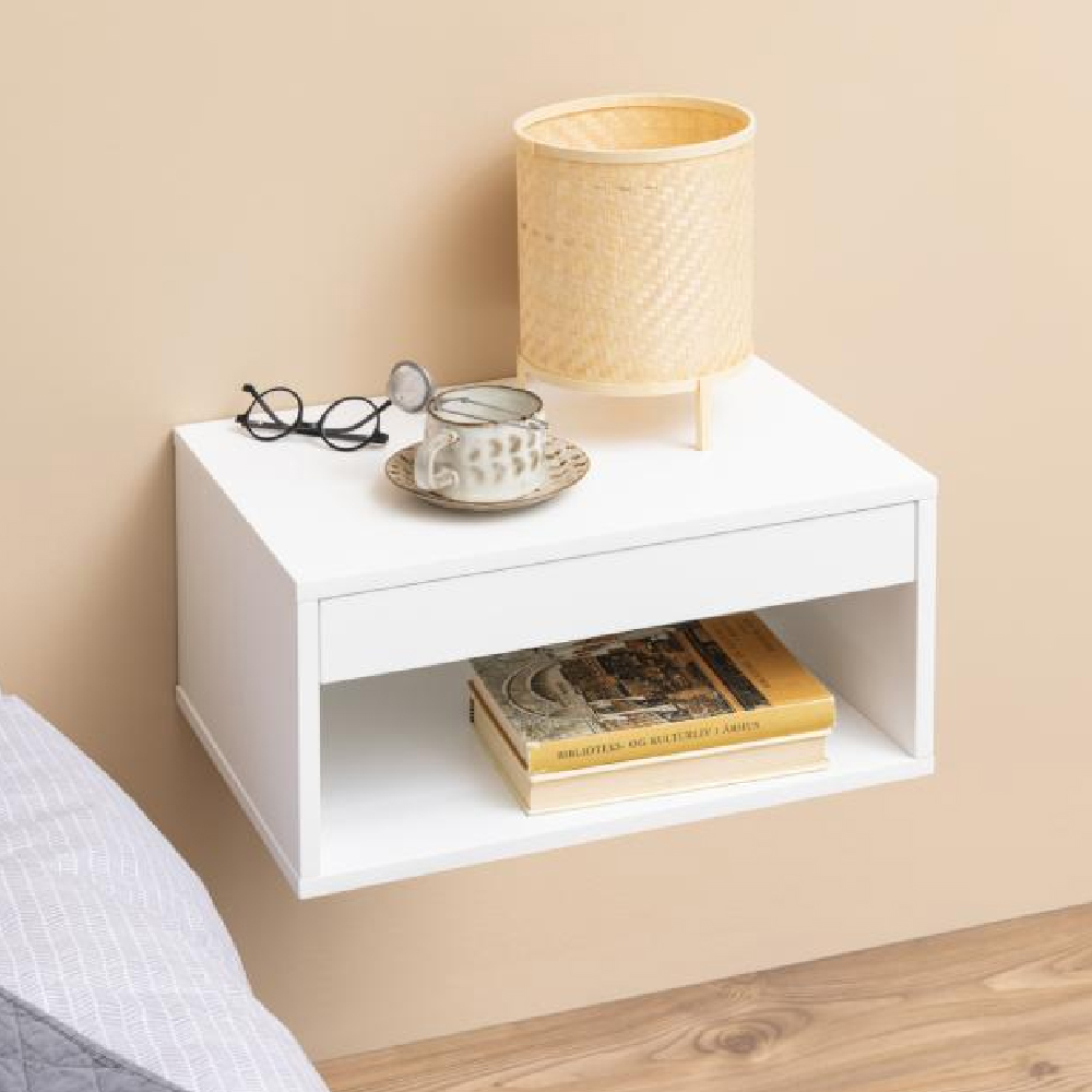 Cloquet Wall Hung Wooden Bedside Cabinet With 1 Drawer In White
