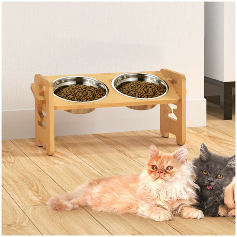 Elevated Dog Bowl, Adjustable Cat and Small Dog Bowl Stand, Durable Bamboo Elevated Dog Bowl Stand with 2 Stainless Steel Bowls and Non-slip Feet