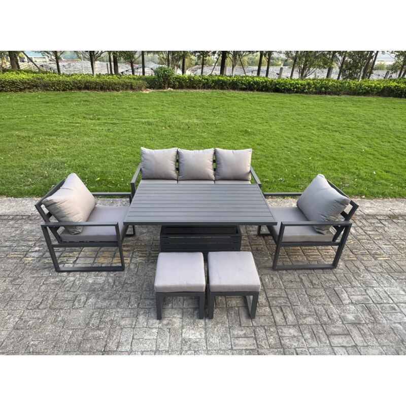 Fimous 6-Piece Aluminium Garden Furniture Sets 7 Seater Outdoor Sofa Set with Adjustable Rising Lifting Dining Table 2 Chairs 2 Small Footstools