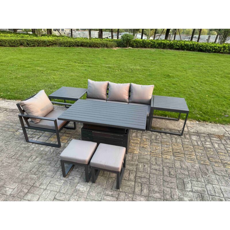 Fimous Aluminum Outdoor Dining Set Patio Dining Furniture Set Includes Adjustable Rising Lifting Dining Table Chairs with 2 Small Footstools 2 Side
