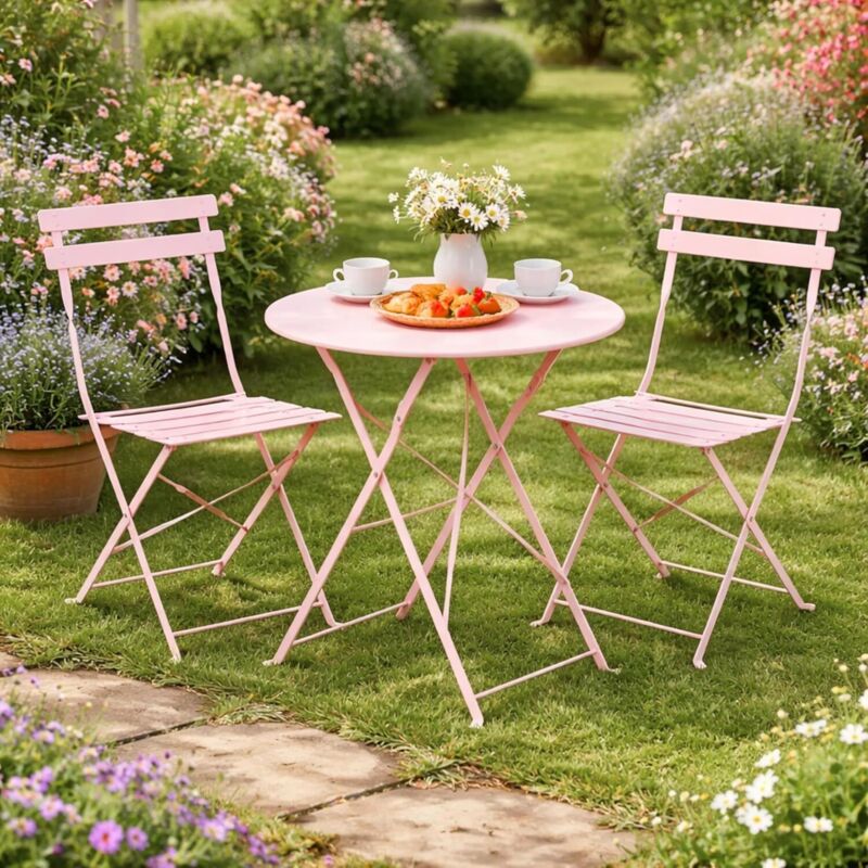 Garden Bistro 3 Piece Outdor Furniture Set Pink Folding Patio Table and Chairs Garden Furniture, Pink Metal Bistro, Round Balcony Table Set, Powder