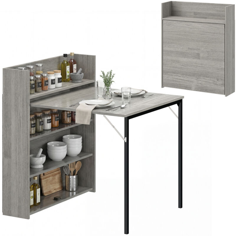HOMCOM Folding Dining Table, Kitchen Table with Shelves Grey Wood Effect