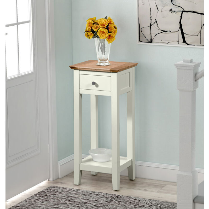 Hallowood Furniture - Clifton Oak Tall Off White Console Table with Light Oak Top, Wooden Side Table with Drawer and Shelf, Narrow Telephone Stand