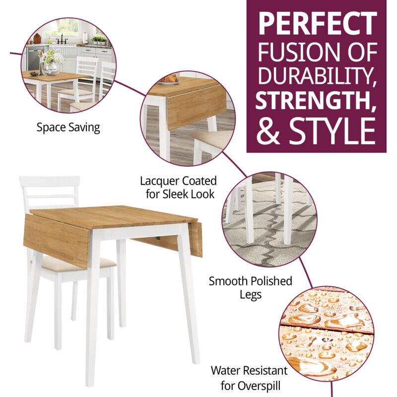 Hallowood Furniture - Ledbury Small Wooden Dining Table and Chair Set of 4, Drop Leaf and Chairs in White & Oak Finish, Space Saving Table and