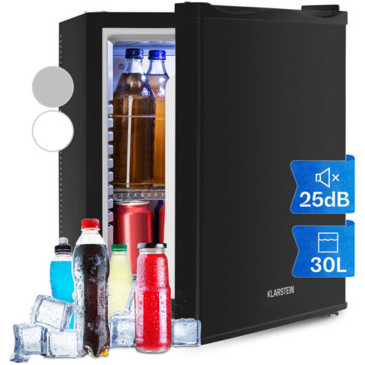 Klarstein Mini Fridge for Bedrooms, Food, Drinks, Beer & Skincare Fridge Cooler, Interior Lighting Drinks Fridge, 30L Table Top Fridge w/ Adjustable
