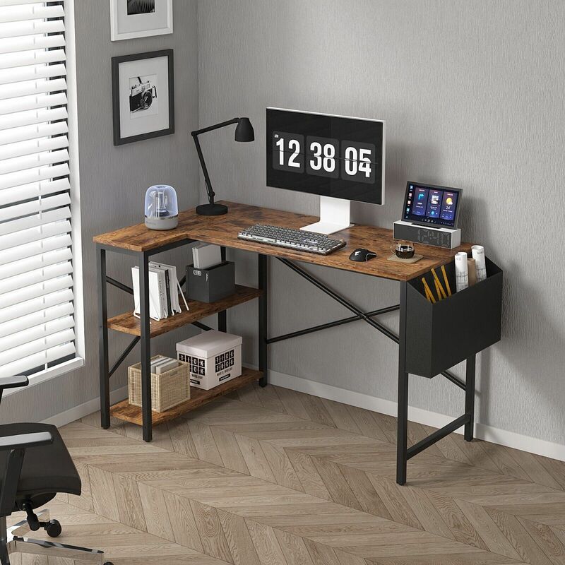 Mcc Direct - l Shaped Corner Desk with Bookshelf Reversible Corner Desk For Home Office Study 120CM brown