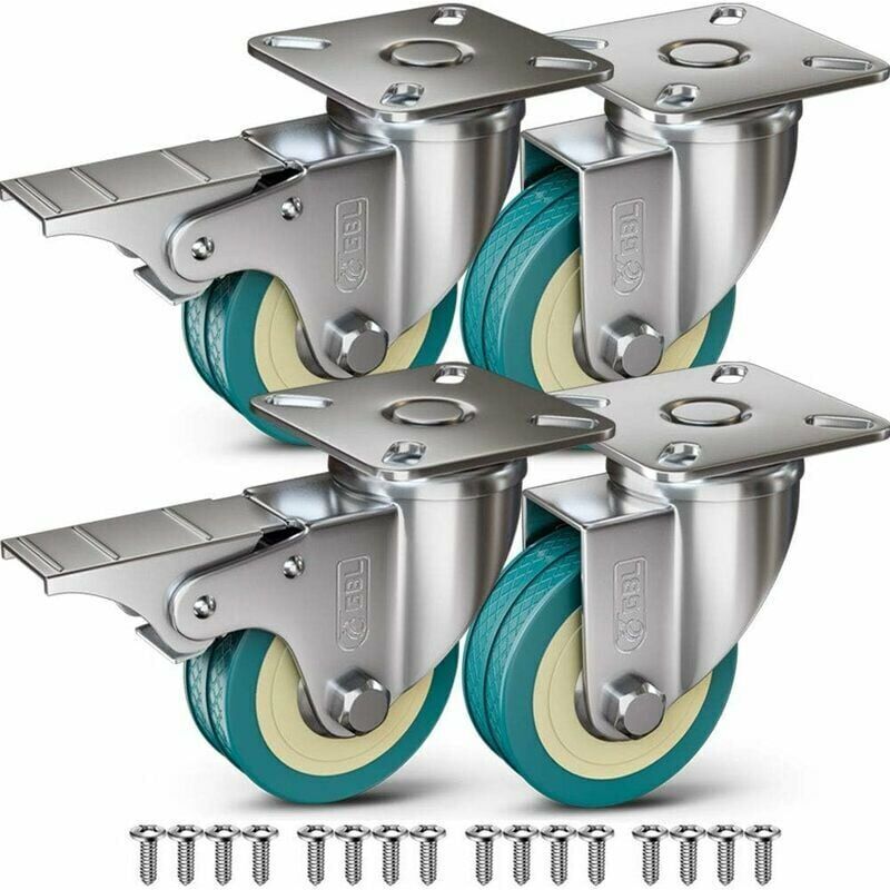Ousudela - 4 Furniture Casters 200KG + 16 Screws, 50mm Swivel Castors With Brake and Without Brake, Industrial Plate Transport Wheels