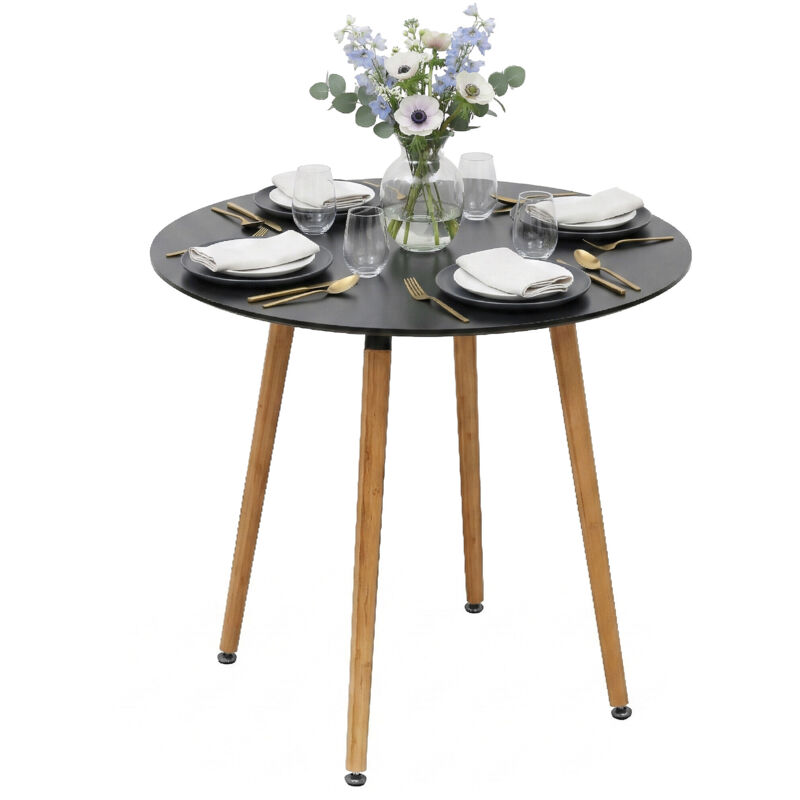 Relaxdays dining table, round, H x D: 75 x 80 cm, MDF & bamboo, for 4, Scandinavian style, black/natural