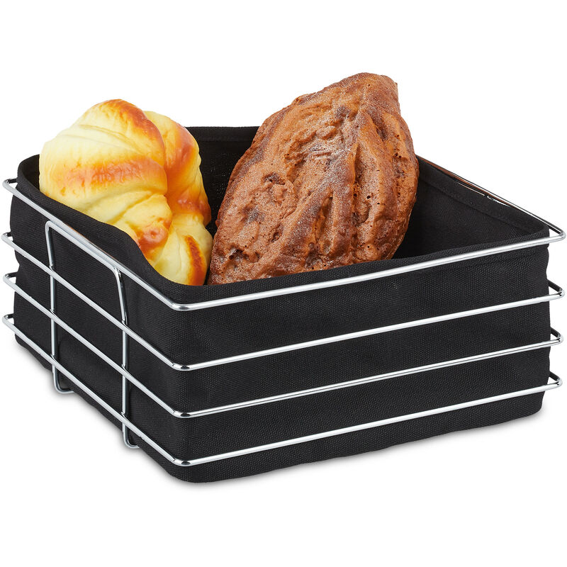 Relaxdays metal bread basket with lining, modern breakfast basket for bread rolls, 23 x 23 x 10.5 cm, black