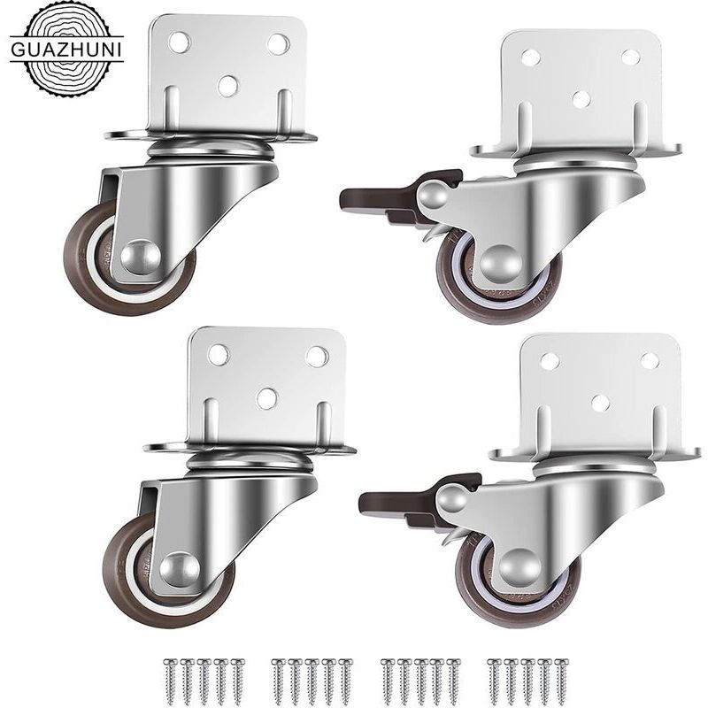 Rose - Pink Set of 4 Swivel Castors for Furniture and Flower Pots with Brake - L-Mount Plate, 25mm Guazhuni