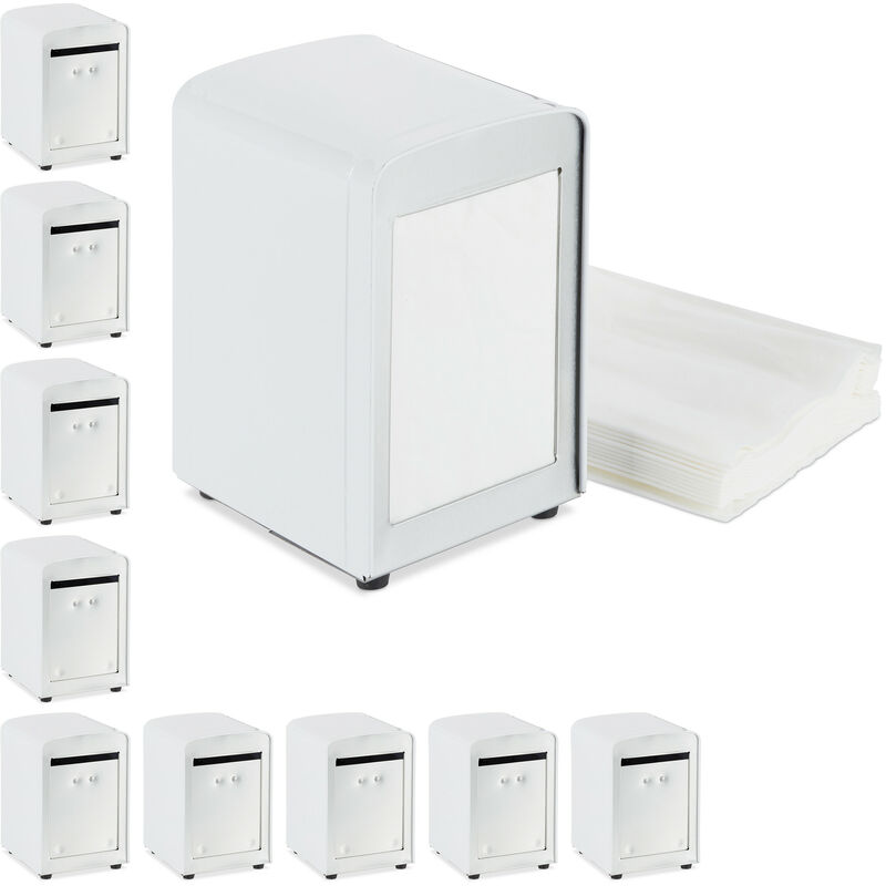 Set of 10 Relaxdays Napkin Dispensers Retro, Small Paper Serviettes, For Cafe, Bistro etc, HWD: 15x9.5x11, White