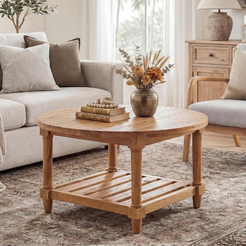 Tribesigns Round Coffee Table, Industrial 2-Tier Circle Coffee Table with Storage Shelves, Modern Wooden Accent Center Table Sofa Side Table for