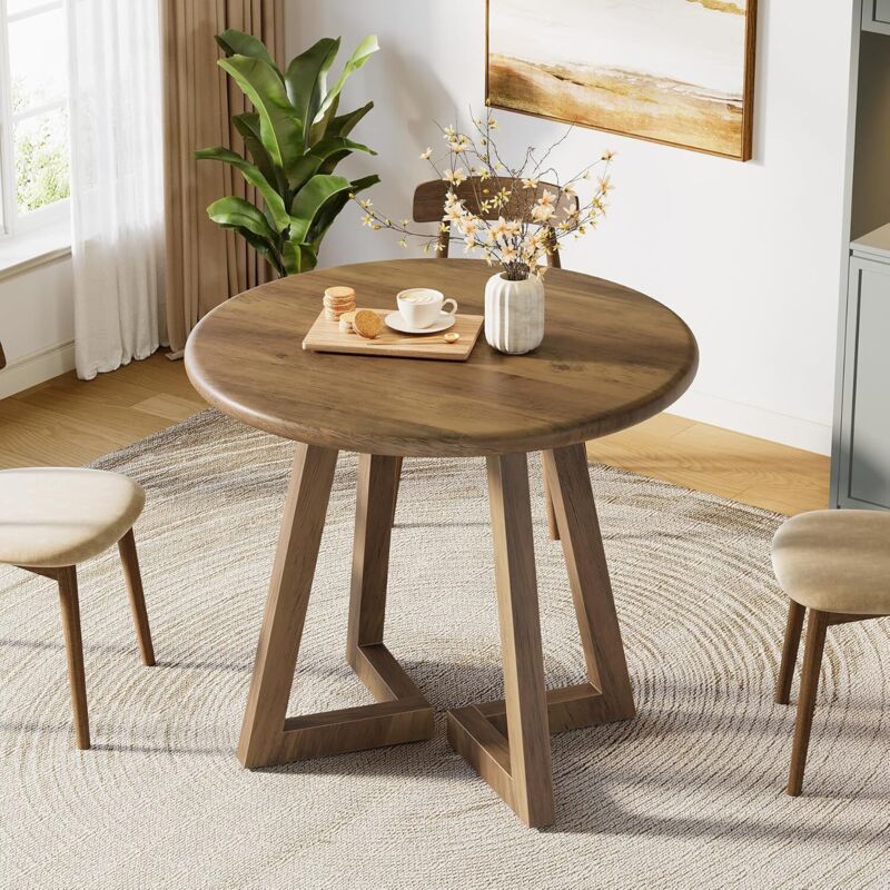 Tribesigns Small Round Dining Table for 2-4 People, 80cm Kitchen Table for Dining Room, Living Room, Brown (Only Table)
