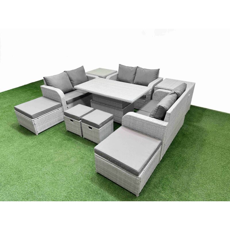 10 PCs Rising Dining Table Set Inclining Love Sofa Seat 2 Big Footstool 2 Small Stool 2 Side Table Light Grey - Fimous