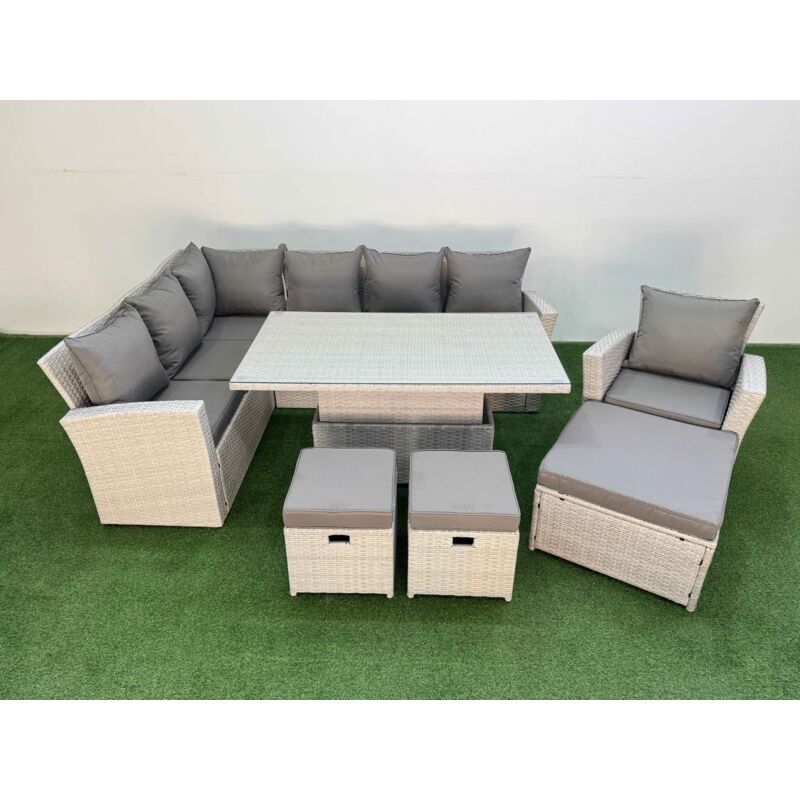 10 Seat Rattan Outdoor Garden Furniture Corner Sofa Set Adjustable Lifting Dining or Coffee Table Set with 3 Footstools Light Grey - Fimous