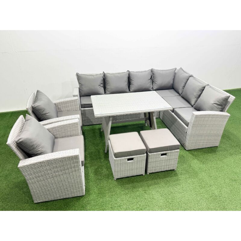 10 Seater Garden Outdoor Rattan Furniture Set Rattan Corner Sofa Oblong Dining Table with 2 Armchairs 2 Small Footstools Light Grey Mixed - Fimous