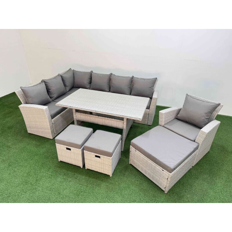10 Seater Rattan Garden Furniture Set Outdoor Patio Dining Corner Sofa Sets with Dining Table Chair 3 Footstools Light Grey Mixed - Fimous